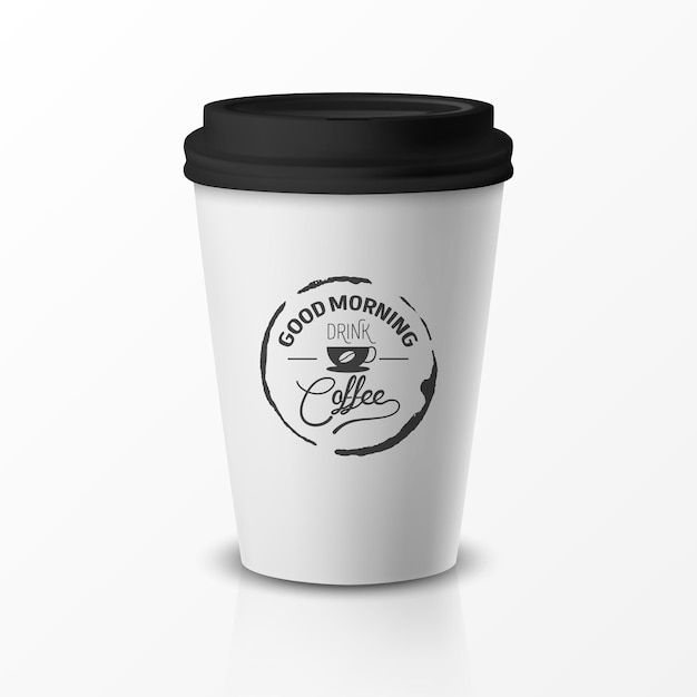 ベクトル3dRelistic紙またはプラスチック製の使い捨てホワイトコーヒーカップとブラックキャップ引用フレーズカフェレストランのコーヒーデザインテンプレートについてブランドアイデンティティモックアップ正面図
