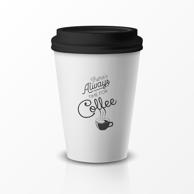 Vector vector 3d relistic paper or plastic disposable white coffee cup with black cap quote phrase about coffee design template for cafe restaurant brand identity mockup front view