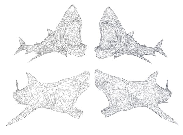 三角グリッドから3Dサメをベクトルします。白い背景に隔離された捕食者