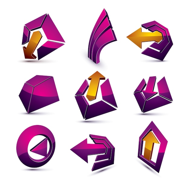 Vector 3d simple navigation pictograms collection. Set of purple corporate abstract design elements. Arrows and circular web icons.