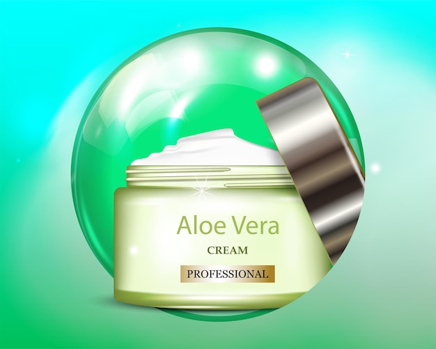 Vector 3d skin care cream with aloe vera on the background of a glass green circle Branded packaging design Vector illustration