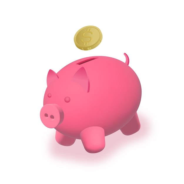 Vector 3d spaarvarken pictogram met gouden dollar Schattig roze geld besparingen spaarpot renderen met munt en zachte schaduw geïsoleerd