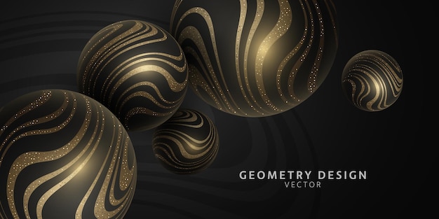 Vector 3d spheres with gold glittering wavy striped pattern. Geometry design.