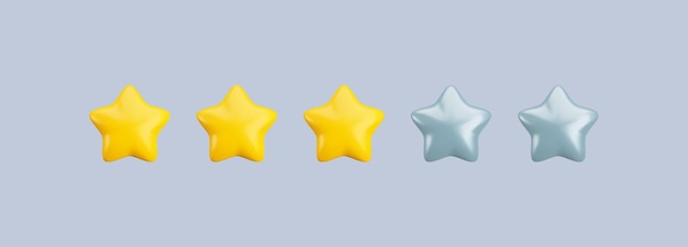 Vector 3d three star rating icon three stars out of five realistic cartoon 3d render customer rating and feedback concept average level cute glossy yellow stars for web mobile ui game app