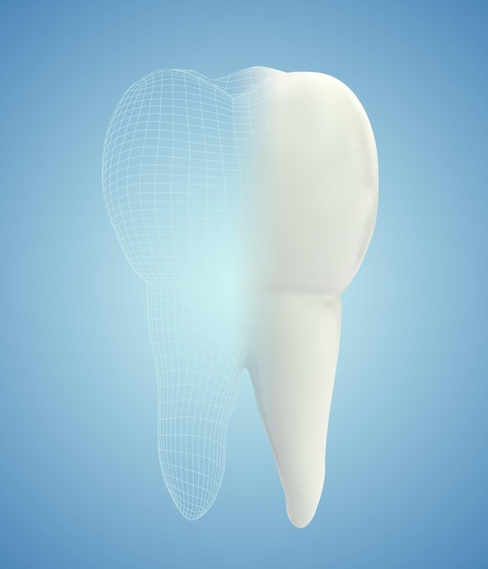 Vettore dente 3d vettoriale per odontoiatria su sfondo blu