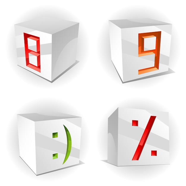 Vector 3d volume alphabet with shiny red green orange figures 8 9 smile percent in paper cubes