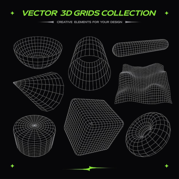 Vector 3d wireframes collection futuristic design elements