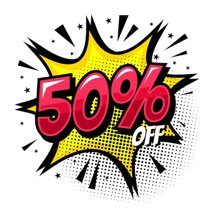 Vector vector 50 percent off sale on comic boom balloon