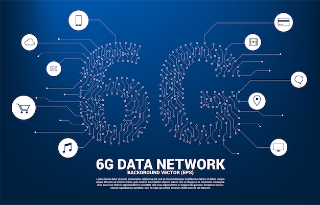 Точка вектора 6G соединяет линию значок мобильного телефона стиля монтажной платы.