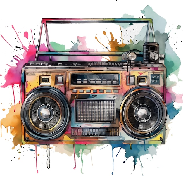 Vector vector 80s boom box stereo with watercolor styling