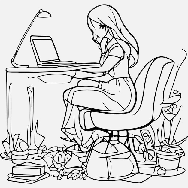 Вектор Векторная девушка сидит в офисе только с ноутбуком