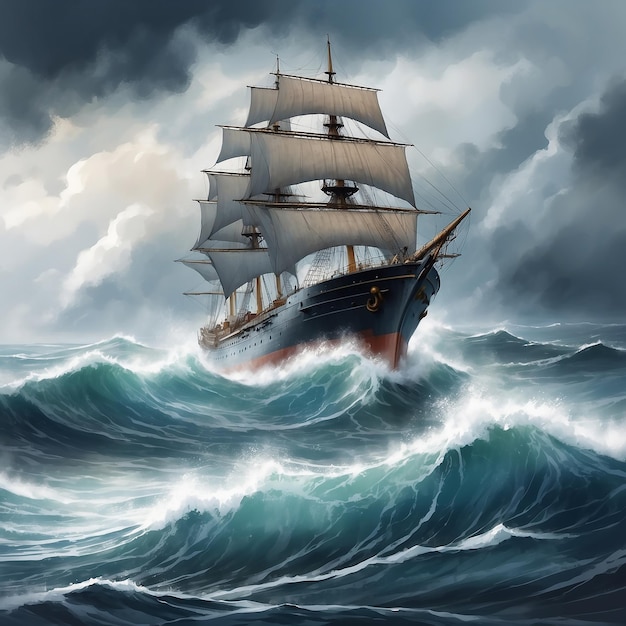 Вектор Векторная картина корабля в бурном море подробная матовая картина