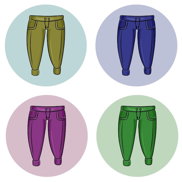 Вектор Векторный набор разноцветных тренировочных штанов для домашних занятий и спорта.