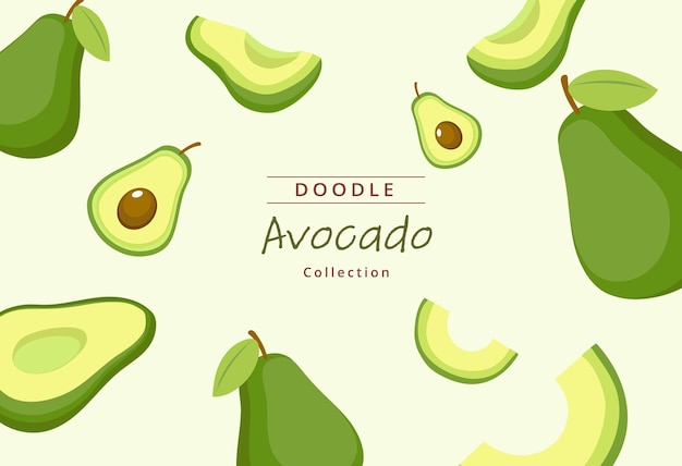 Vettore vettore sulla collezione di avocado disegnata a mano