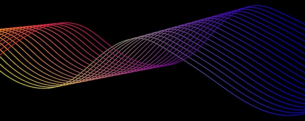 ベクトルの抽象的な背景黒の背景に明るい色の線の動的な波の流れ