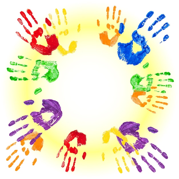 Vector abstract background with bright multicolored paint kids handprints