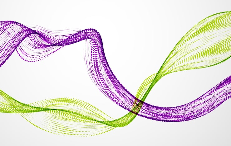 Vector vector abstract background with mutual wave of flowing particles, smooth curve double shape lines, particle array flow. 3d shape dots blended mesh, future technology relaxing wallpaper.