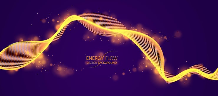Vector vector abstract background with wave of flowing particles over dark, smooth curve shape lines, particle array flow. 3d shape glowing dots blended mesh, technology relaxing wallpaper.