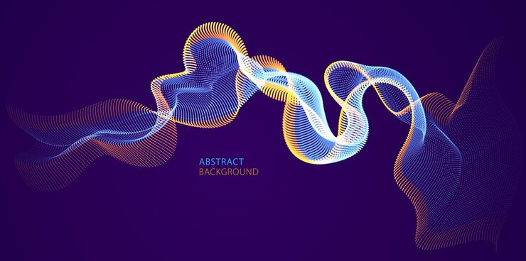 Vector 어둡고 부드러운 곡선 모양 선, 입자 배열 흐름 위에 흐르는 입자의 물결이 있는 벡터 추상 배경. 3d 모양 빛나는 점 혼합 메쉬, 기술 편안한 벽지.