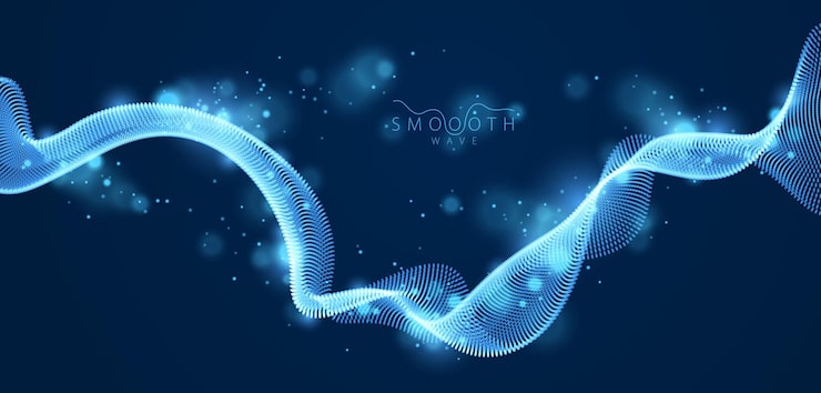 Вектор векторный абстрактный фон с волной текучих частиц над темными, гладкими кривыми линиями формы, потоком массива частиц. 3d форма светящихся точек смешанная сетка, технология расслабляющих обоев.