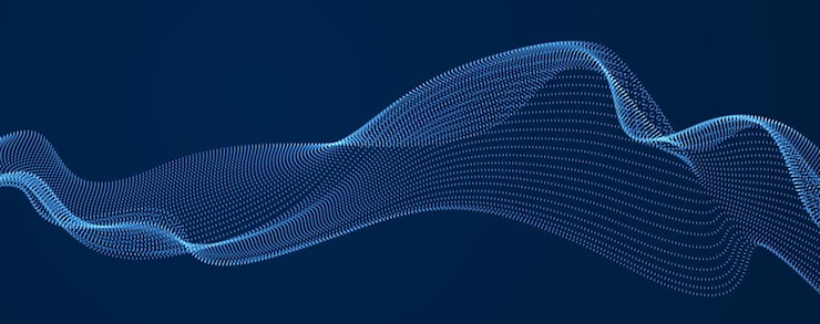 Vector vector abstract background with wave of flowing particles over dark, smooth curve shape lines, particle array flow. 3d shape glowing dots blended mesh, technology relaxing wallpaper.