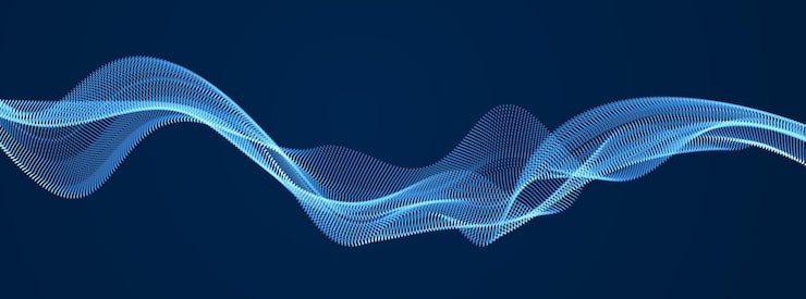 Vector vector abstract background with wave of flowing particles over dark, smooth curve shape lines, particle array flow. 3d shape glowing dots blended mesh, technology relaxing wallpaper.