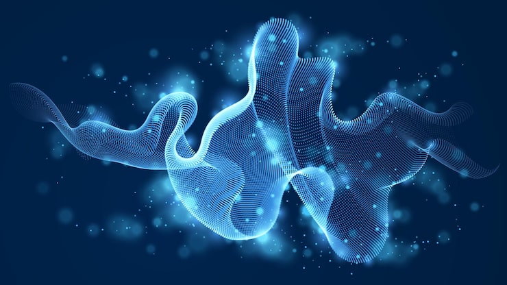 Vector 어둡고 부드러운 곡선 모양 선, 입자 배열 흐름 위에 흐르는 입자의 물결이 있는 벡터 추상 배경. 3d 모양 빛나는 점 혼합 메쉬, 기술 편안한 벽지.