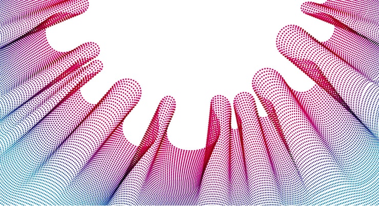 Vector vector abstract background with wave of flowing particles frame, smooth curve shape lines, particle array flow. 3d shape dots blended mesh, future technology useful border.