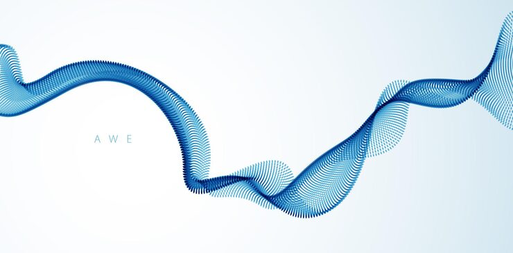 Vector vector abstract background with wave of flowing particles, smooth curve shape lines, particle array flow. 3d shape dots blended mesh, future technology relaxing wallpaper.