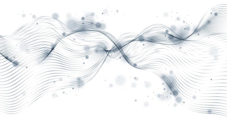 Vector vector abstract background with wave of flowing particles, smooth curve shape lines, particle array flow. 3d shape dots blended mesh, future technology relaxing wallpaper.