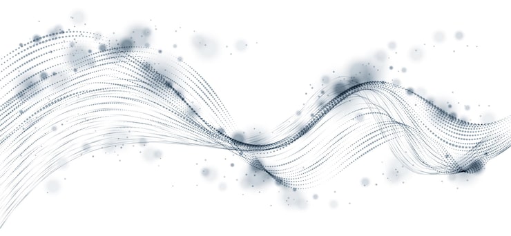 Vector vector abstract background with wave of flowing particles, smooth curve shape lines, particle array flow. 3d shape dots blended mesh, future technology relaxing wallpaper.