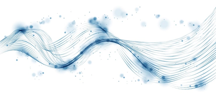 Vector vector abstract background with wave of flowing particles, smooth curve shape lines, particle array flow. 3d shape dots blended mesh, future technology relaxing wallpaper.