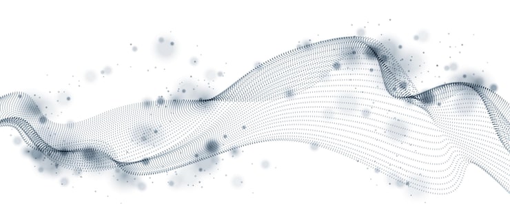 Vector 흐르는 입자의 물결, 부드러운 곡선 모양 선, 입자 배열 흐름이 있는 벡터 추상 배경. 3d 모양 도트 혼합 메쉬, 미래 기술 편안한 벽지.