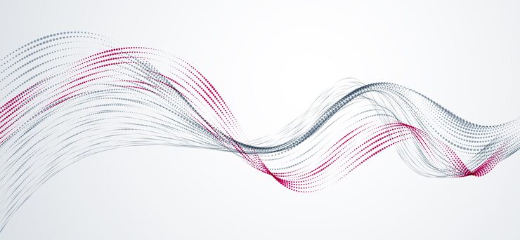 Vector vector abstract background with wave of flowing particles, smooth curve shape lines, particle array flow. 3d shape dots blended mesh, future technology relaxing wallpaper.