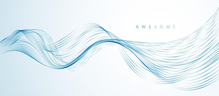 Vector vector abstract background with wave of flowing particles, smooth curve shape lines, particle array flow. 3d shape dots blended mesh, future technology relaxing wallpaper.