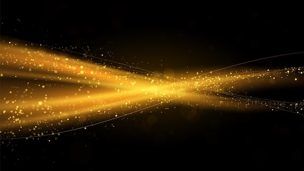 검정색 배경에 노란색 오렌지색과 금색 파도가 있는 벡터 추상 배경 금색 불꽃이 있는 마법의 불꽃은 배너 또는 덮개를 위한 따뜻한 공기 흐름