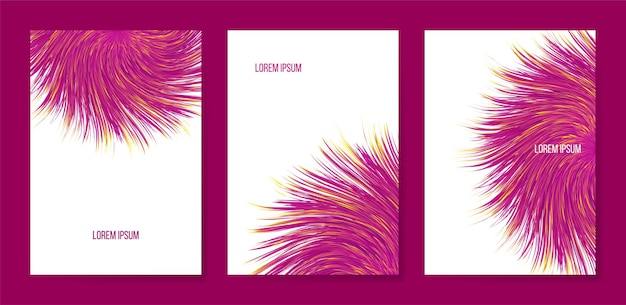 Vector abstract banners with colorful furry bunch, triptych with imitation synthetic vortex fur.