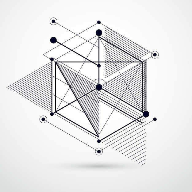 Векторный абстрактный черно-белый фон, созданный в стиле линий изометрической сетки. Механическая схема, векторный инженерный рисунок с деталями куба и механизма. Идеальный фон для ваших дизайнов