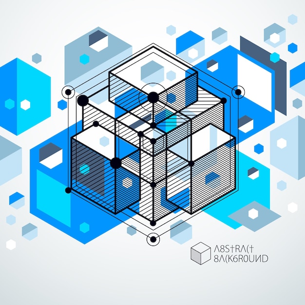 Vector abstract blue background created in isometric mesh lines style. Mechanical scheme, vector engineering drawing with cube and mechanism parts. Perfect background for your design projects