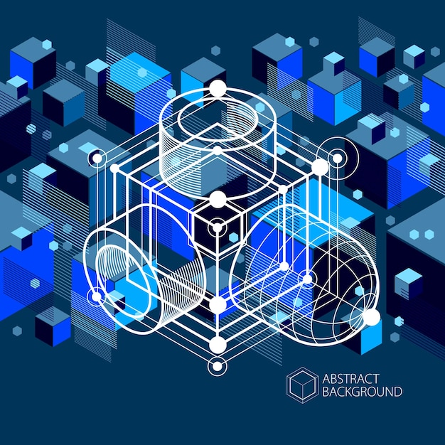 Vector abstract blue black background created in isometric mesh lines style. Mechanical scheme, vector engineering drawing with cube and mechanism parts. Perfect background for your design projects