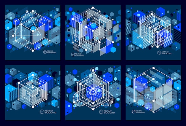 Vector abstract blue black backgrounds set created in isometric mesh lines style. Mechanical scheme, vector engineering drawing with cube and mechanism parts. Perfect background for your designs