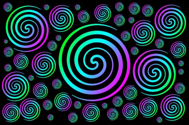 Linee di cerchi astratti vettoriali ondulati in cornice rotonda arcobaleno colorato isolato su sfondo nero.