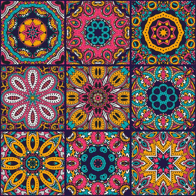 Vector abstract colorful patchwork seamless pattern, ethnic ornaments., arabic, indian motifs, hand drawn elements. mandala round paisley ornament in squares for textile print design, wrapping paper.