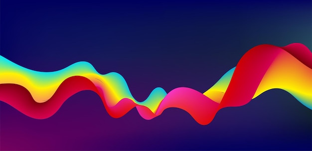紫色の暗い背景に抽象的なカラフルな虹の流れる波線をベクトルします。抽象的な3D流体テクスチャ。技術の壁紙。デジタル背景。モダンライン。ビジネスプレゼンテーション。フラットなデザイン。