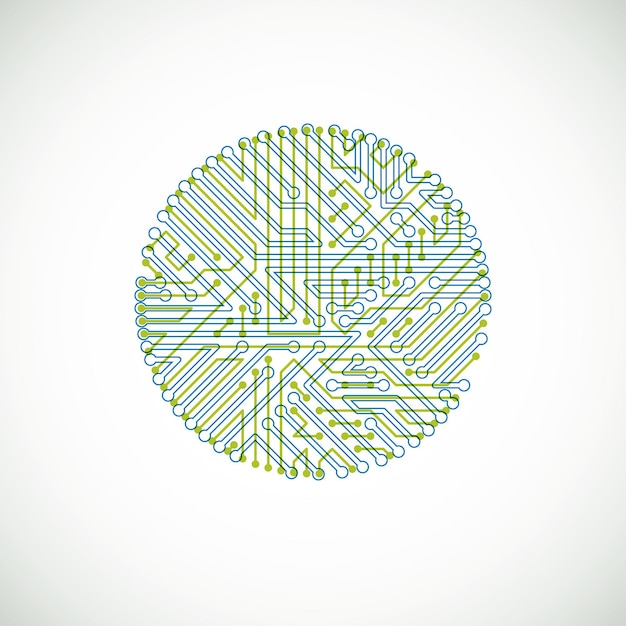 Vector abstract colorful technology illustration with round green and blue circuit board. High tech circular digital scheme of electronic device.