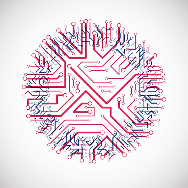 벡터 추상 컴퓨터 회로 보드 다채로운 그림, 파란색 및 마젠타색 라운드 기술 요소와 연결. 전자 테마 웹 디자인입니다.