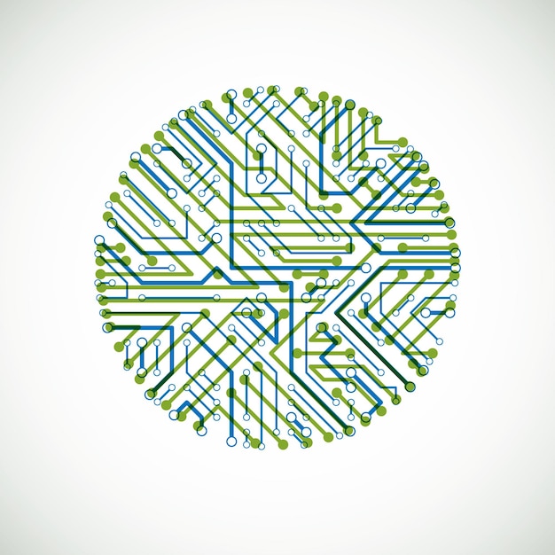 vector abstract computer circuit board colorful illustration, green and blue round technology element with connections. electronics theme web design.
