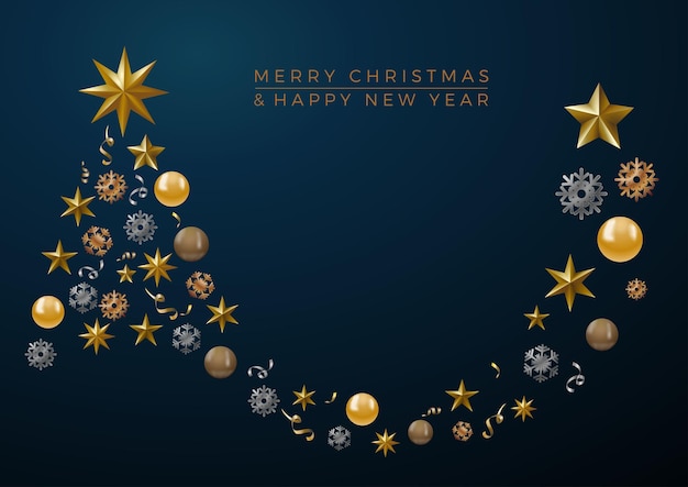 Vector abstract cover golden christmas tree with text on blue background