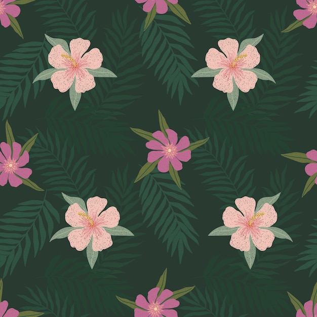 Векторная абстрактная милая ручная иллюстрация с пальмовыми листьями и гибискусовыми цветами