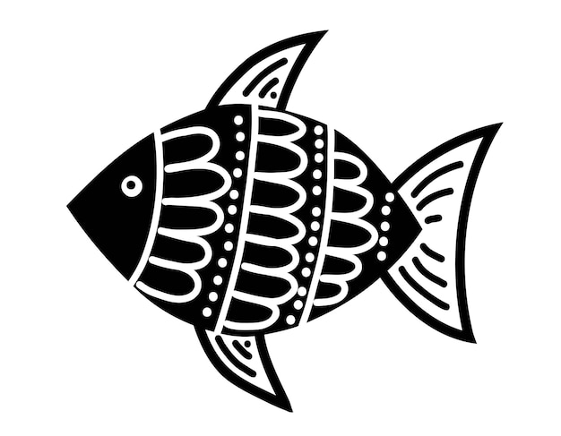 Vector abstract Doodle Fish in cute cartoon style. Hand drawn sketch for Seafood label. Black outlin